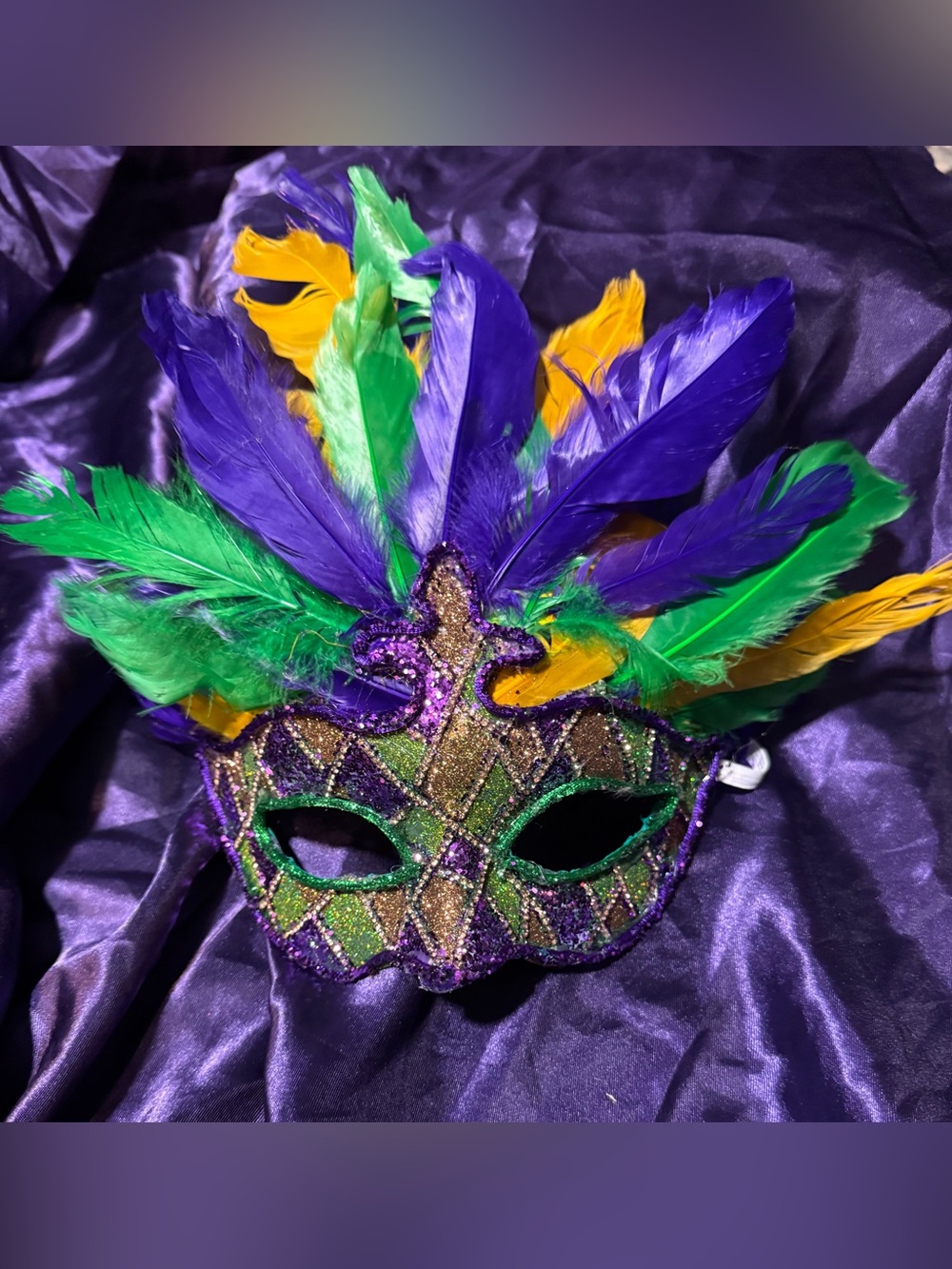 Festive Purple Green Gold Feather Mardi Gras masquerade Mask